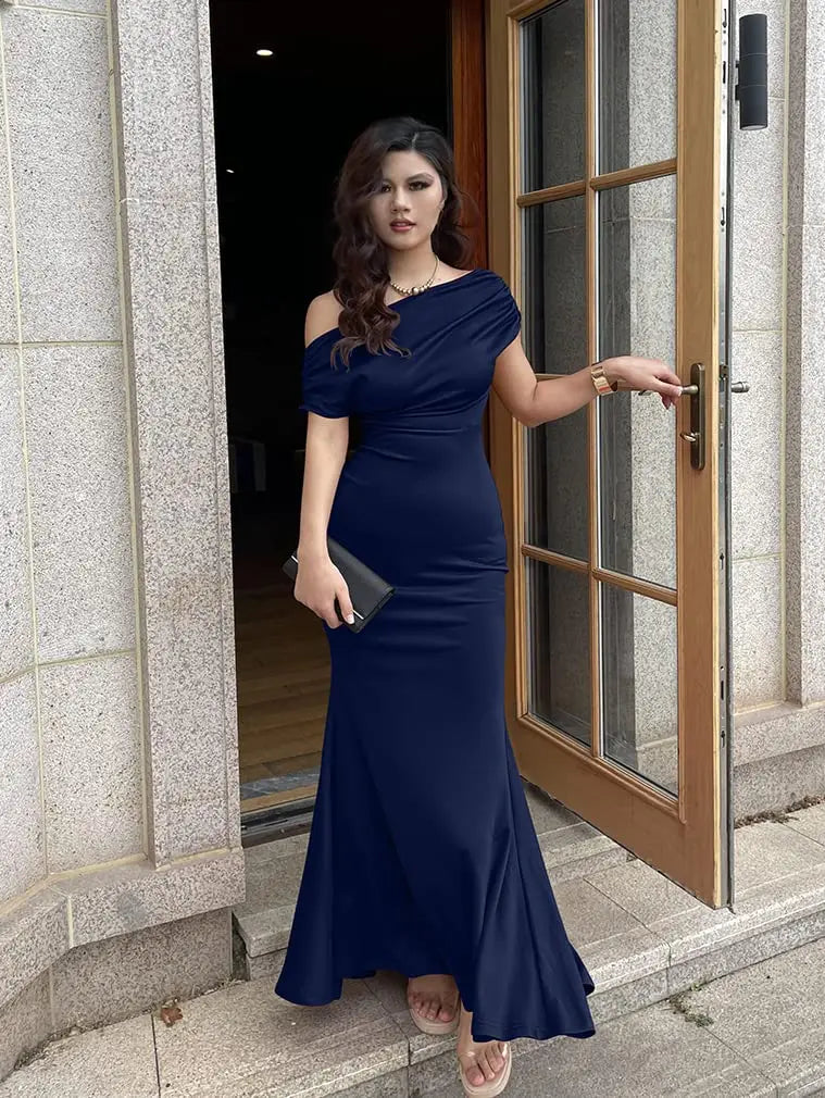 Elegant Pleated Oblique Shoulder Maxi Dress for Women - Image 28
