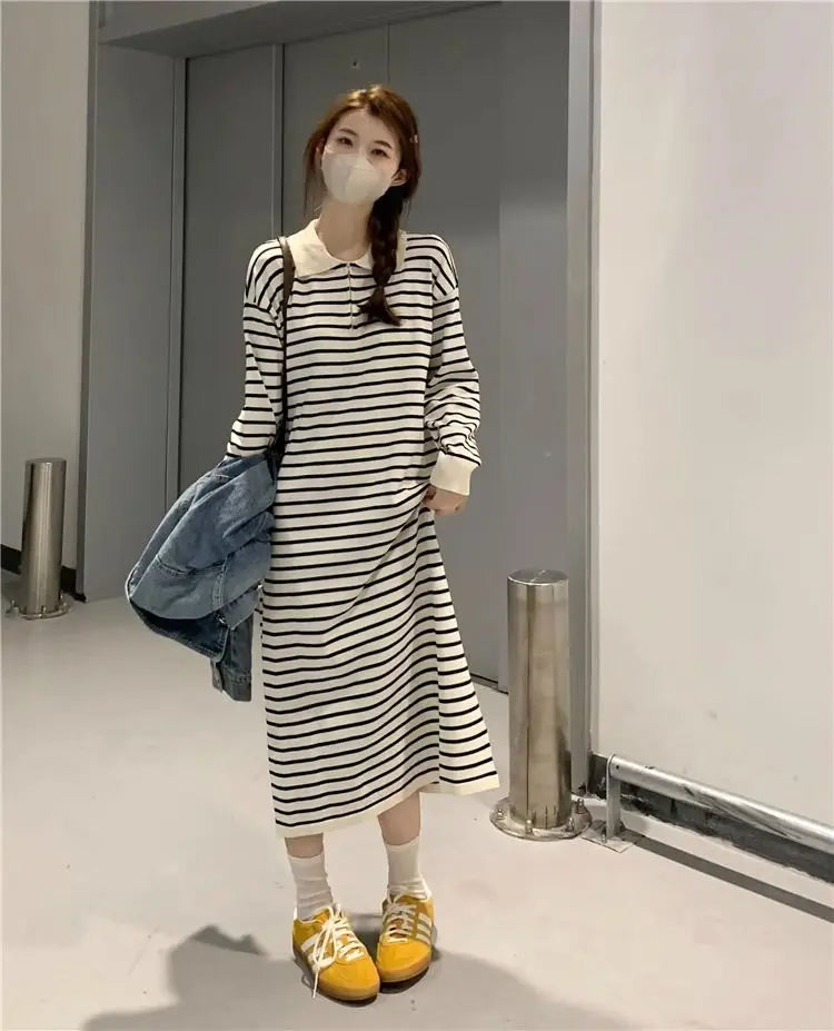 Women's Black Striped Polo Collar Midi Dress - Casual & Flattering - Image 23