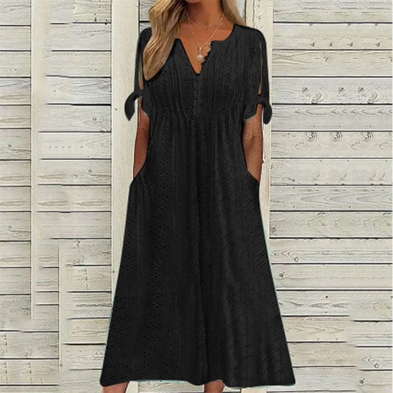 Chic Hollow Out V-Neck Lace Ruffle Long Summer Dress - Image 8
