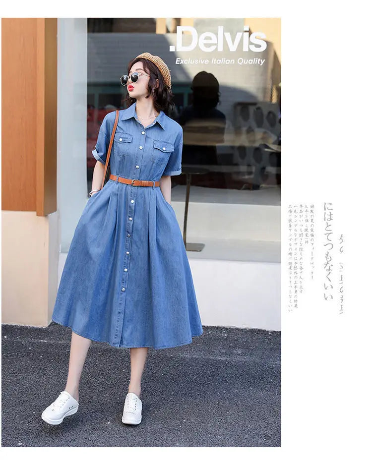 Vintage A-Line Denim Dress for Women with Belt - Image 11
