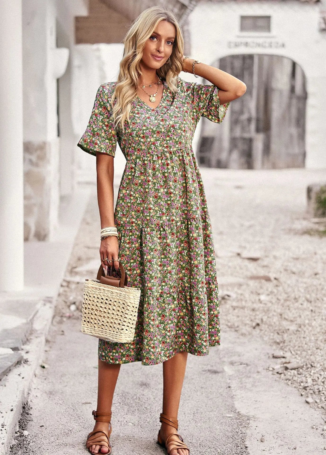 Chic V Neck Floral A-Line Dress for Summer - Image 28
