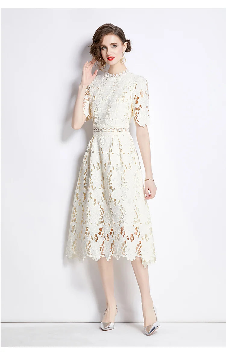 Elegant Embroidered Lace Hollow Out Short Sleeve Dress - Image 10