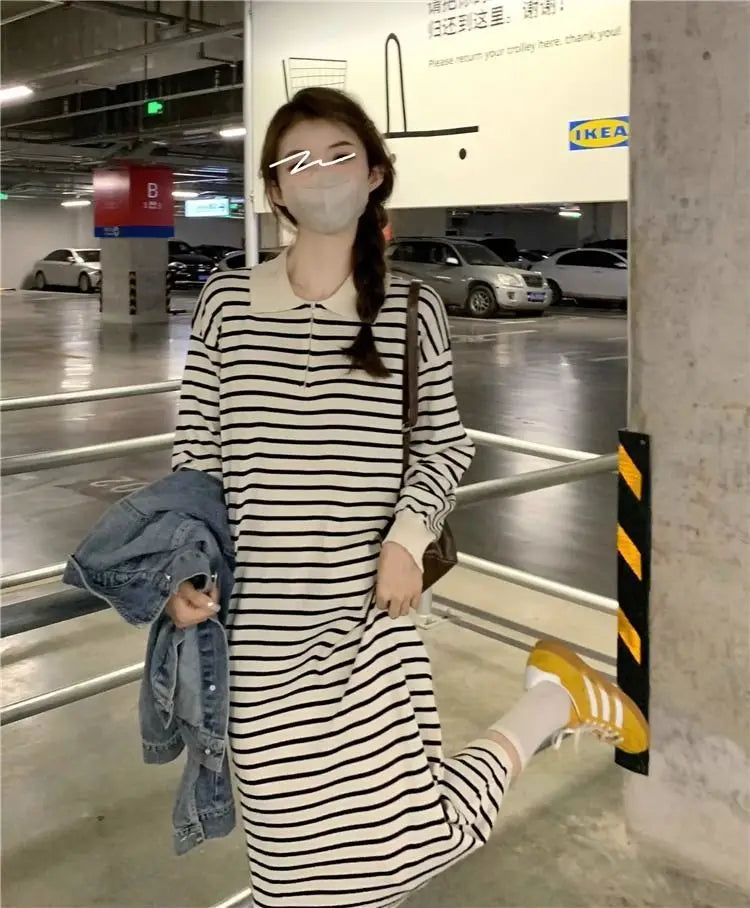 Women's Black Striped Polo Collar Midi Dress - Casual & Flattering - Image 31