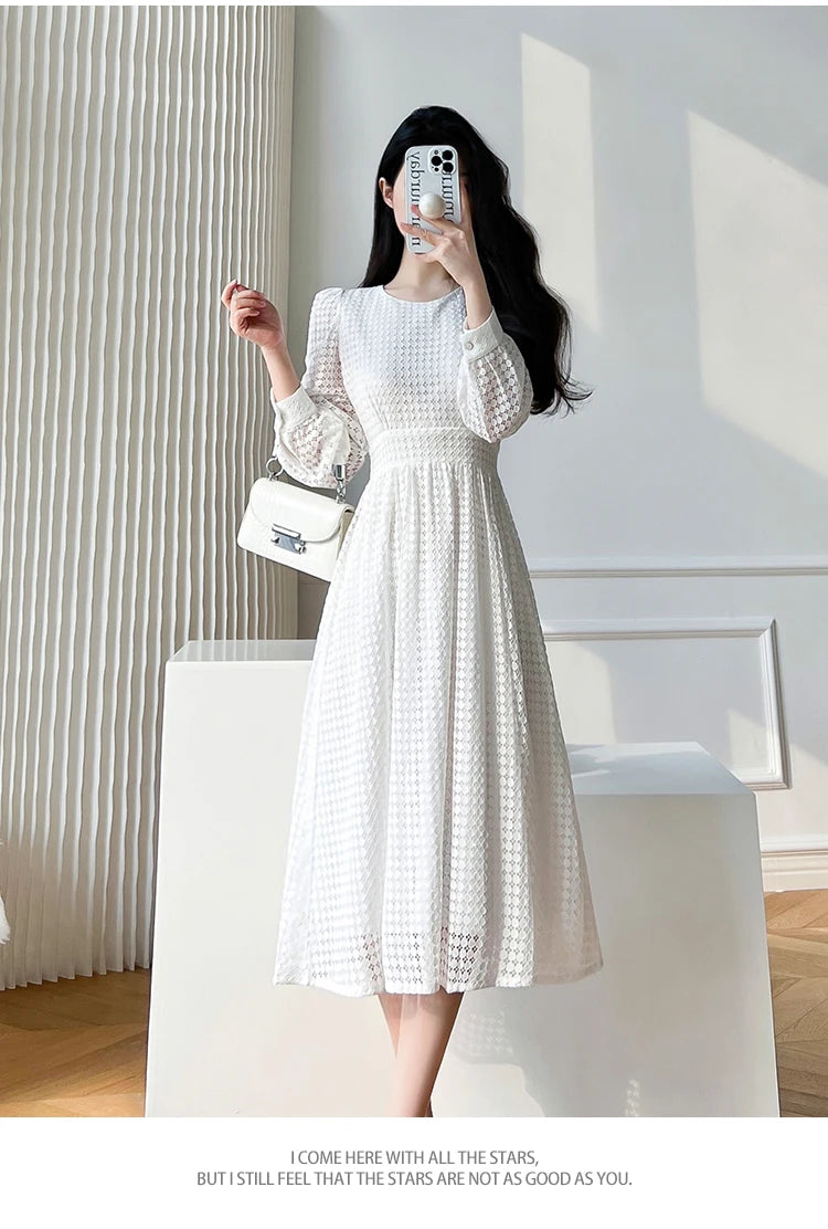 Elegant White Midi Dress with Lace Long Sleeves - Image 22