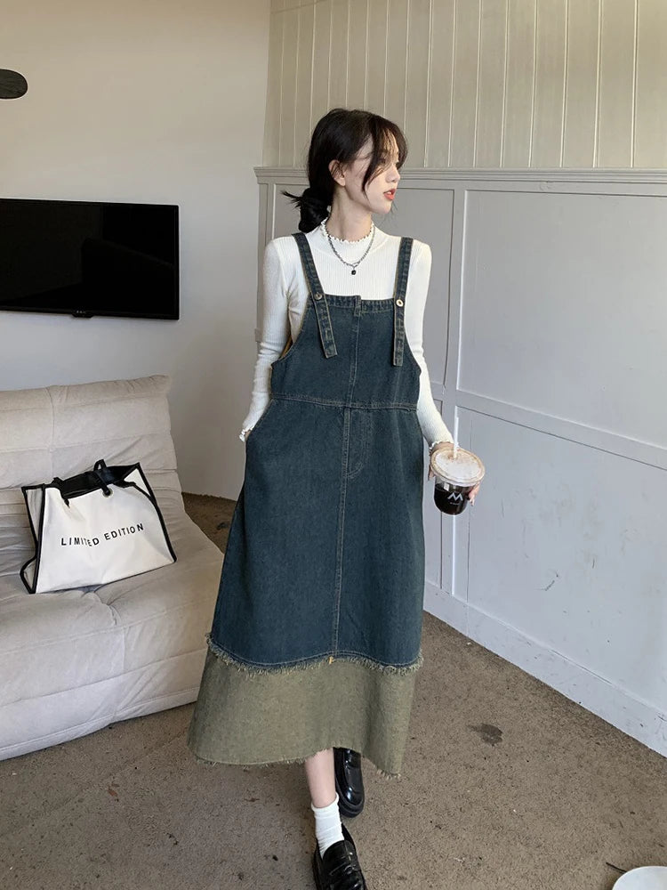 Retro Sleeveless Denim Dress with Irregular Color Patchwork - Image 20
