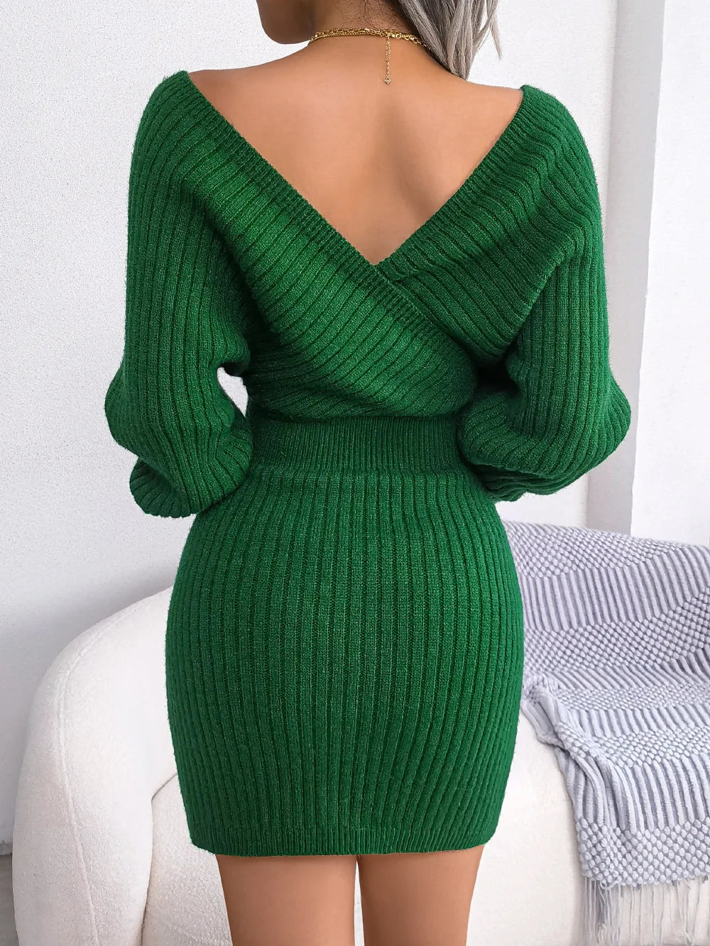 Chic Bat Sleeve V-Neck Cinched Waist Mini Dress - Image 24