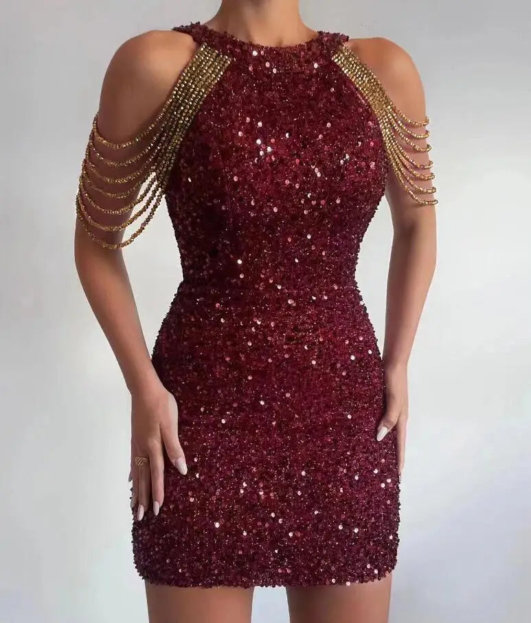 Elegant Sleeveless Sequin Dress with Chic Chain Neckline - Image 13
