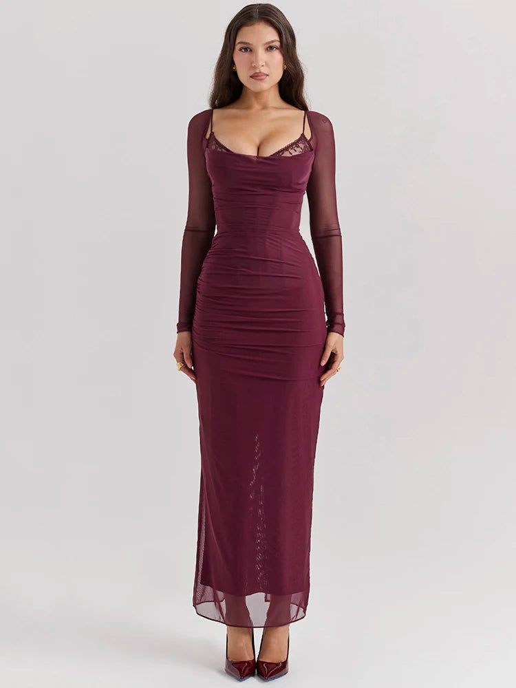 Elegant Sheer Long Sleeve Backless Maxi Dress for Women - Image 3
