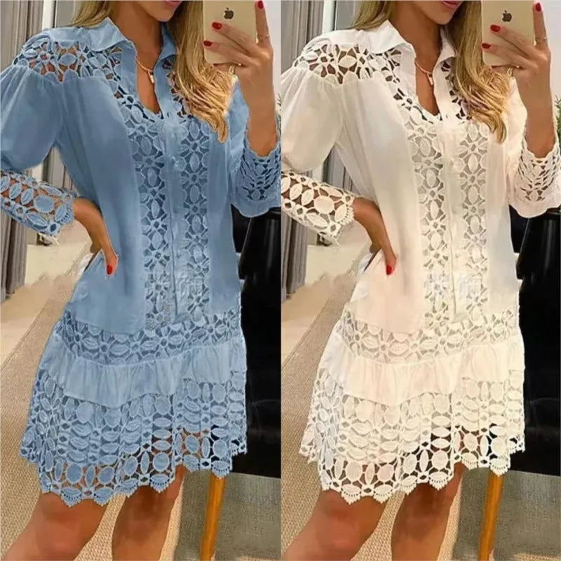 Elegant Women's Long Sleeve Lace Stitching Dress - Image 4