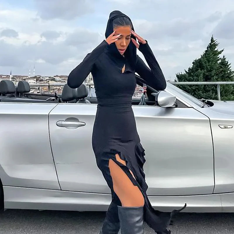 Elegant Hooded Maxi Dress with Ruffle Detail for Women - Image 16
