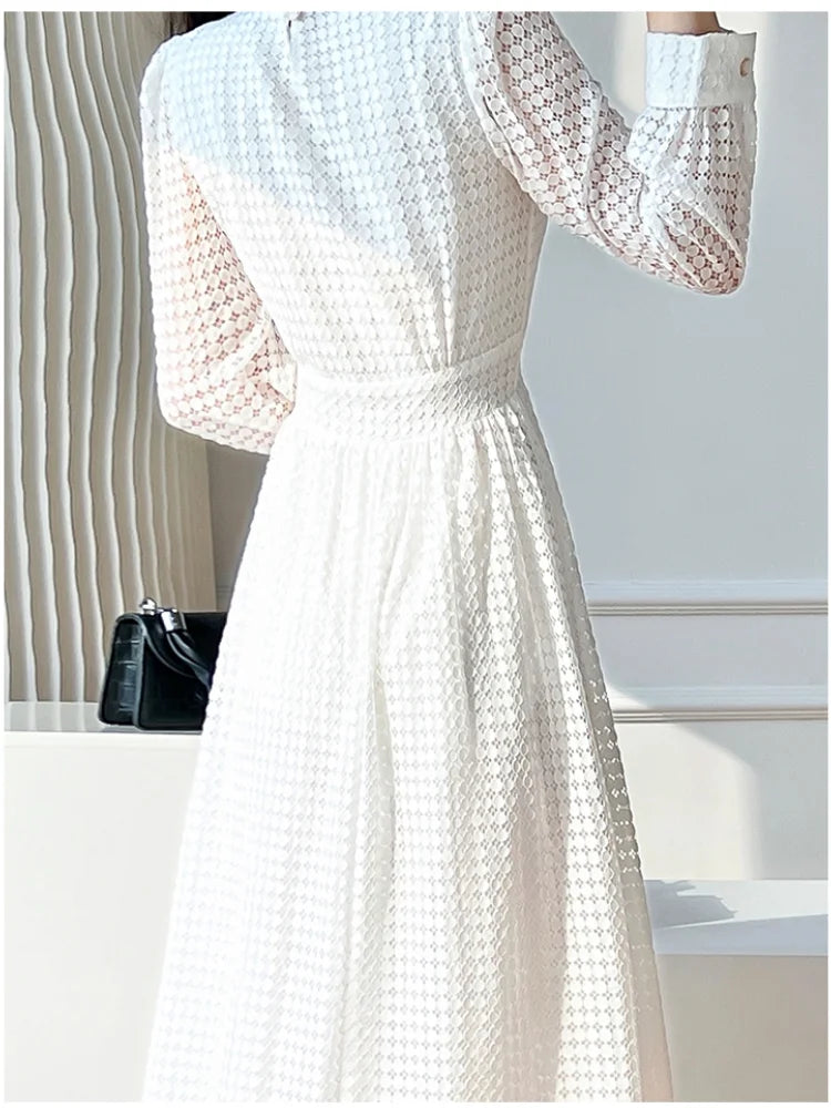 Elegant White Midi Dress with Lace Long Sleeves - Image 6