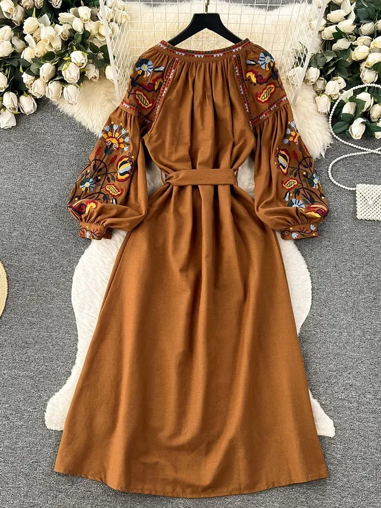 Vintage Ethnic Lantern Sleeve A-line Cotton Linen Dress - Image 9