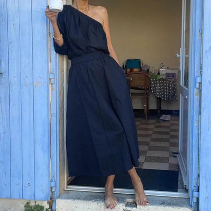 Chic One-Shoulder Pocket Summer Dress for Women
