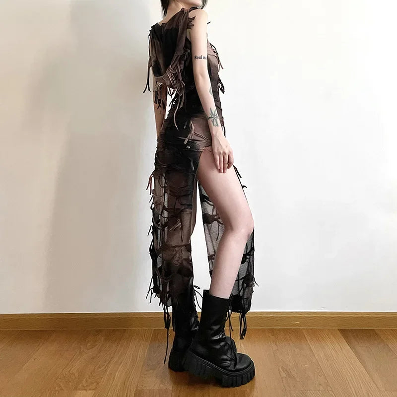 Vintage Gothic Hooded Midi Dress with High Split - Image 4