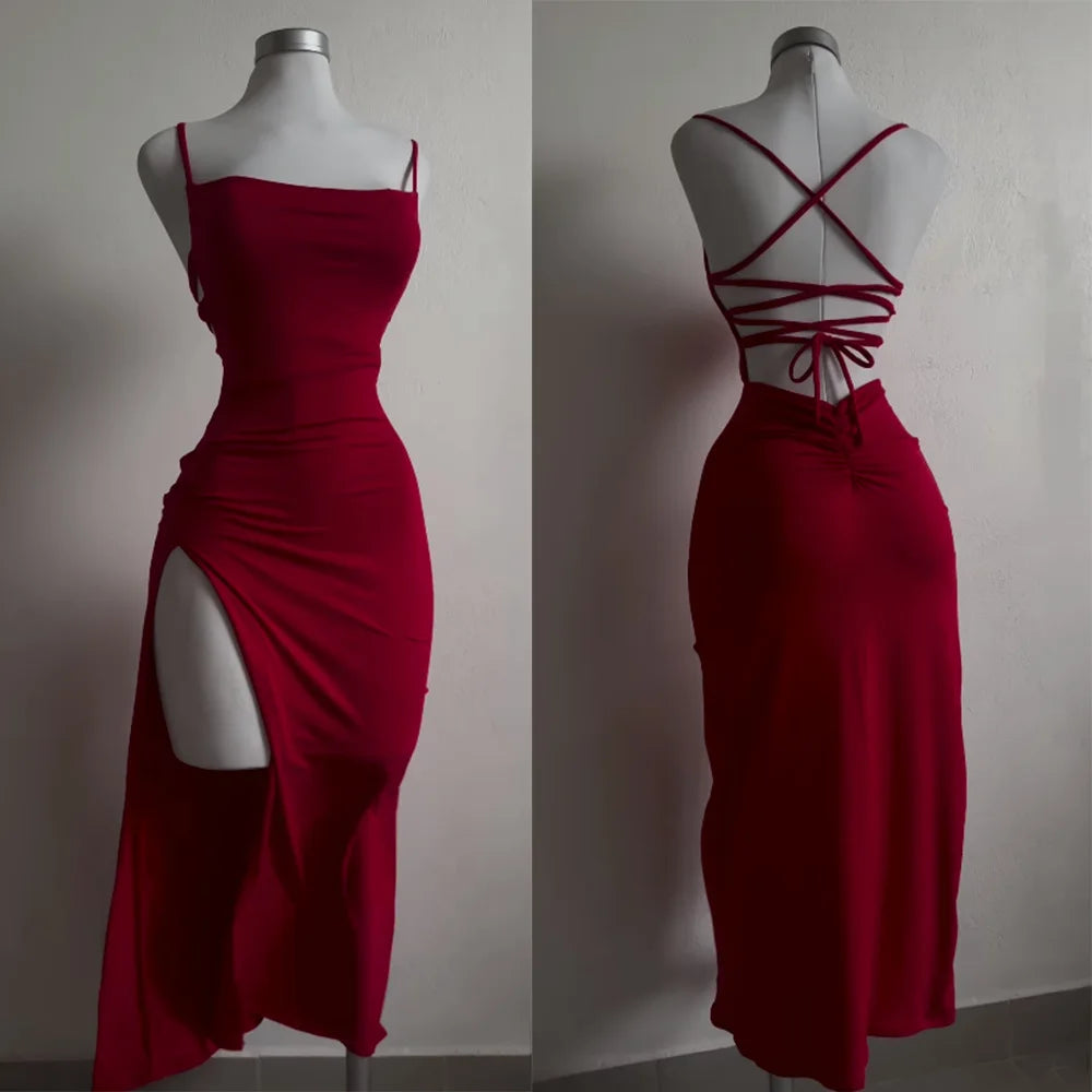 Sexy Backless Spaghetti Strap Dress with Hip Slit