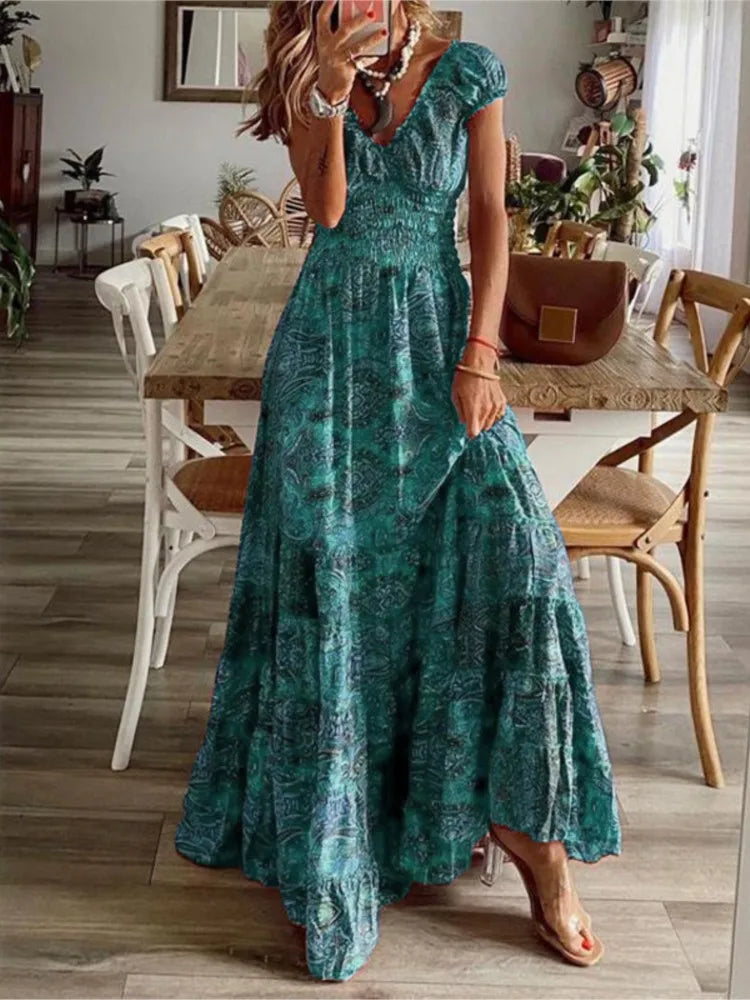 Floral Print A-line Bohemian Dress with Petal Sleeves - Image 4