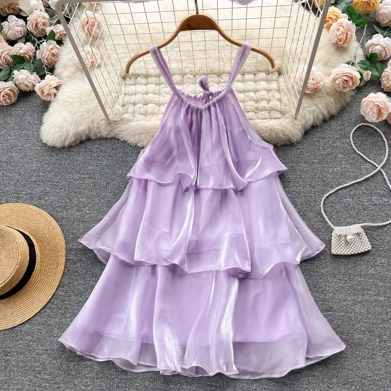 Sweet Organza Mesh Halter Ruffle Camisole Dress for Women - Image 9