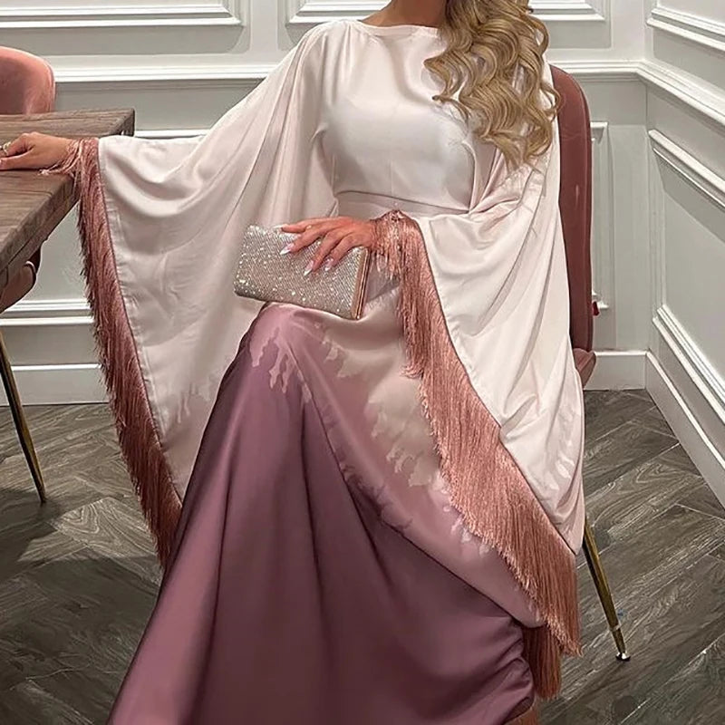 Elegant Gradient Print Tassel Batwing Sleeve Robe Dress - Image 9
