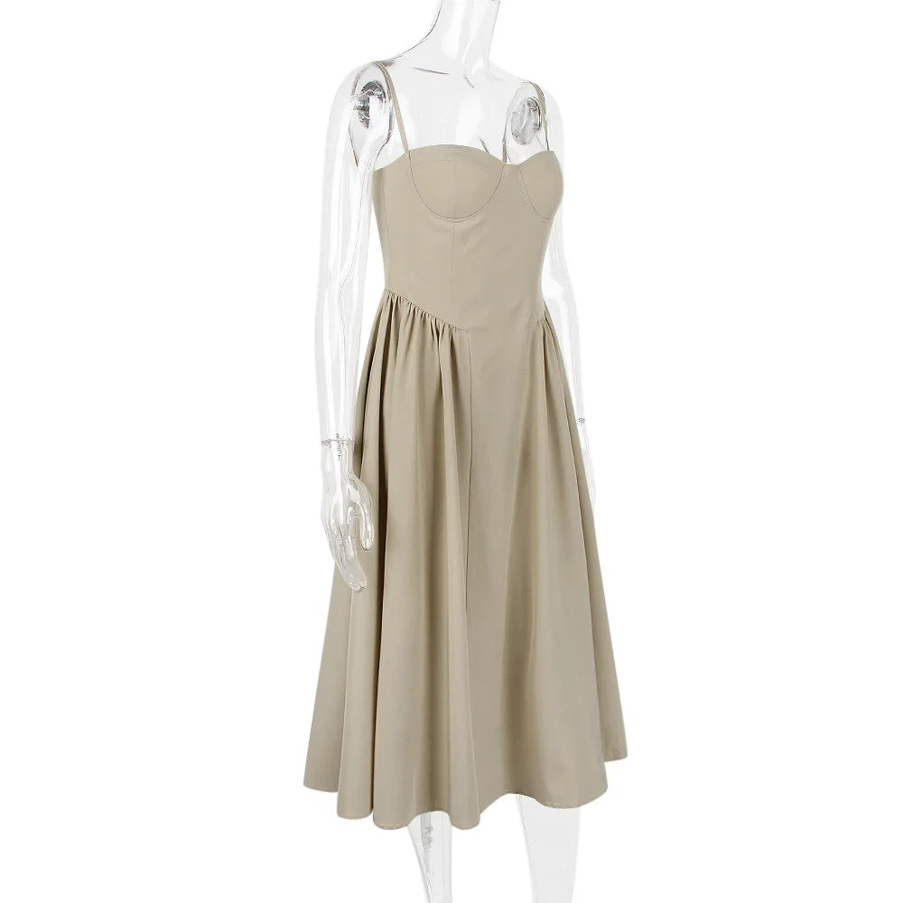 Elegant Sleeveless Midi Dress with Frill Hem & Corset - Image 26