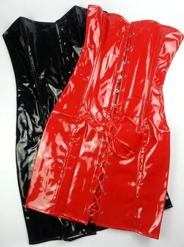 Hot Red Black PVC Slim Corset Dress for Parties - Image 4