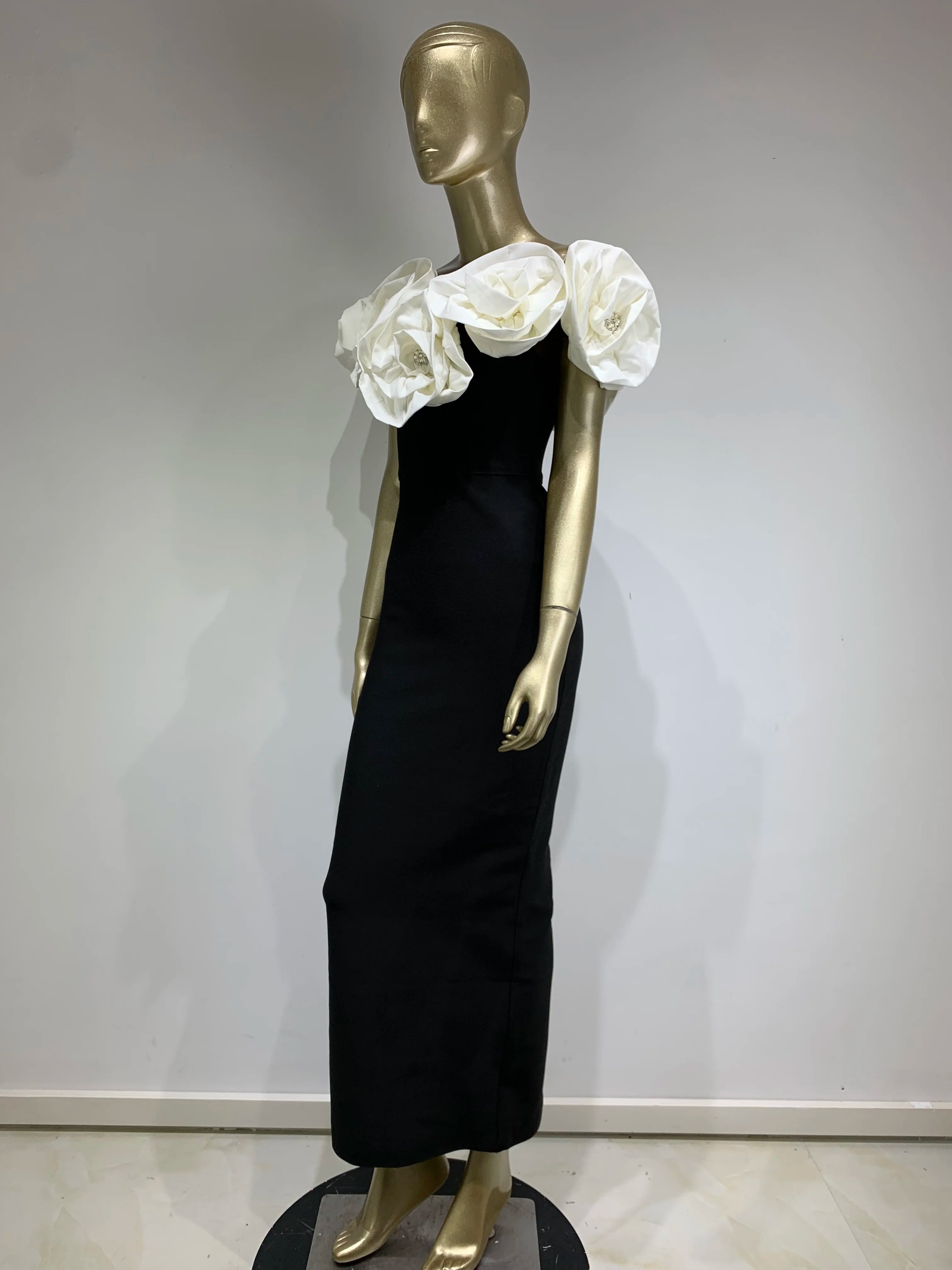 Elegant Off-Shoulder Black Maxi Dress with Floral Accents - Image 12