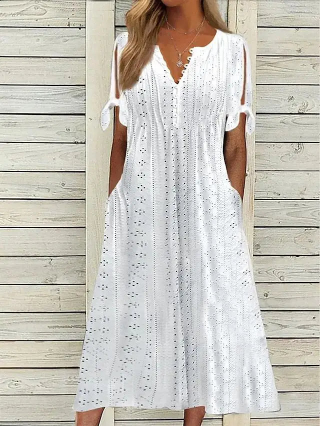 Summer Solid Color Women’s V Neck Lace Dress - Image 11