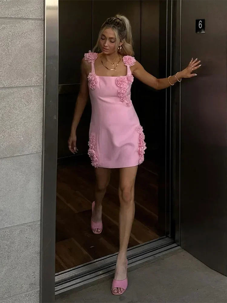 Chic High Waist Pink 3D Flower Mini Dress - Image 6