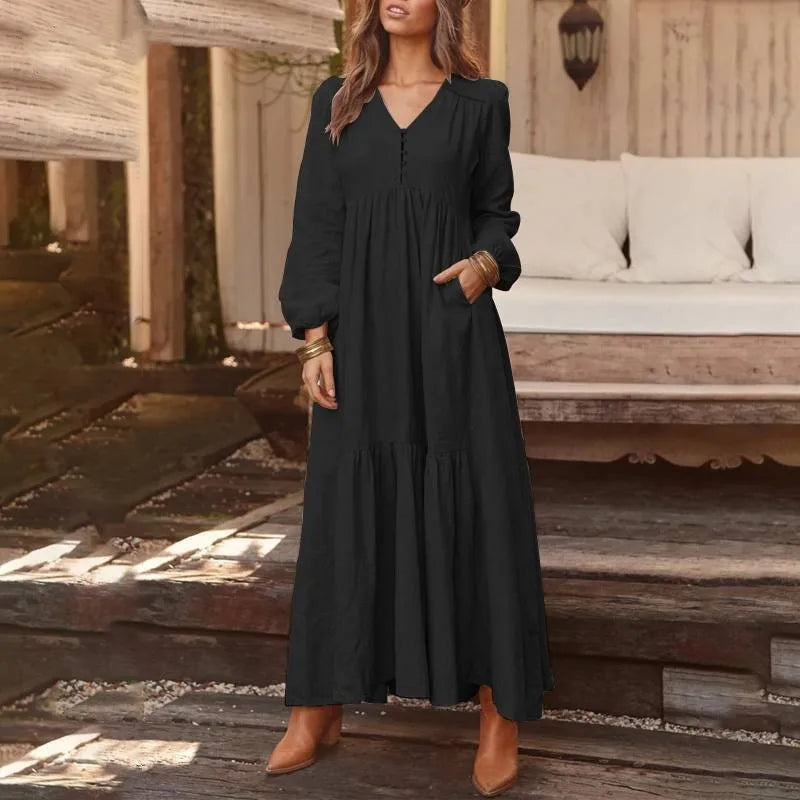 Elegant Vintage V-Neck Cotton-Linen Maxi Dress for Women - Image 26