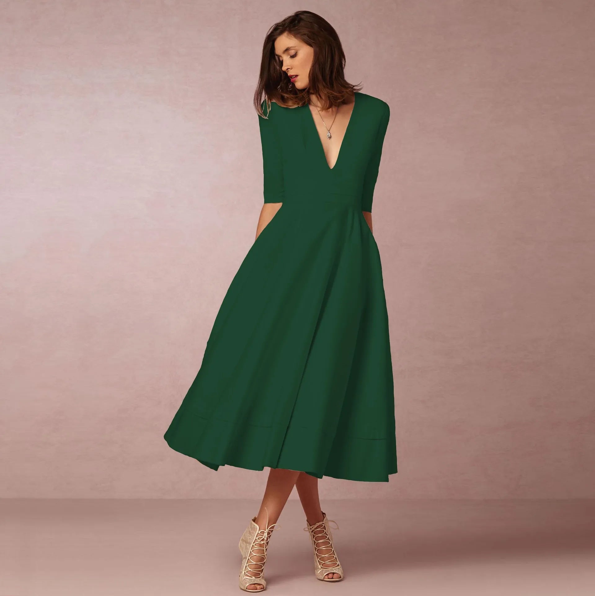 Elegant Solid Color A-line Evening Dress with Deep V-neck - Image 25