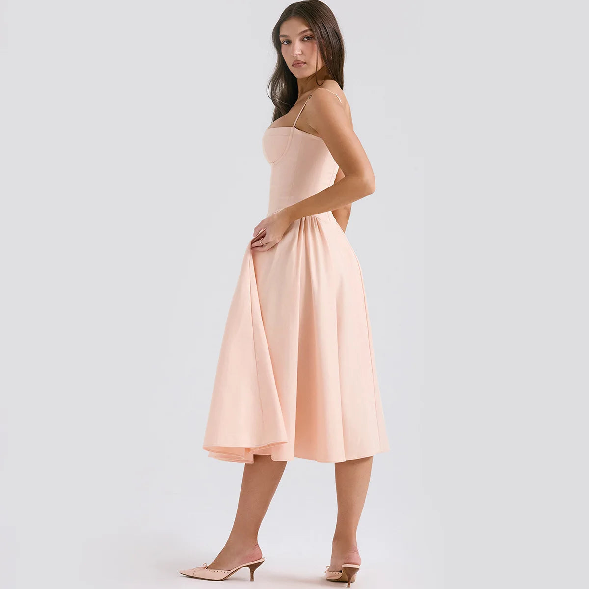 Elegant Sleeveless Midi Dress with Frill Hem & Corset - Image 76