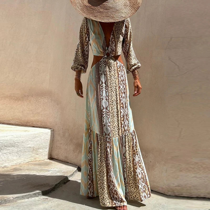 Boho Vintage V-Neck Backless Long Sleeve Dress - Image 4