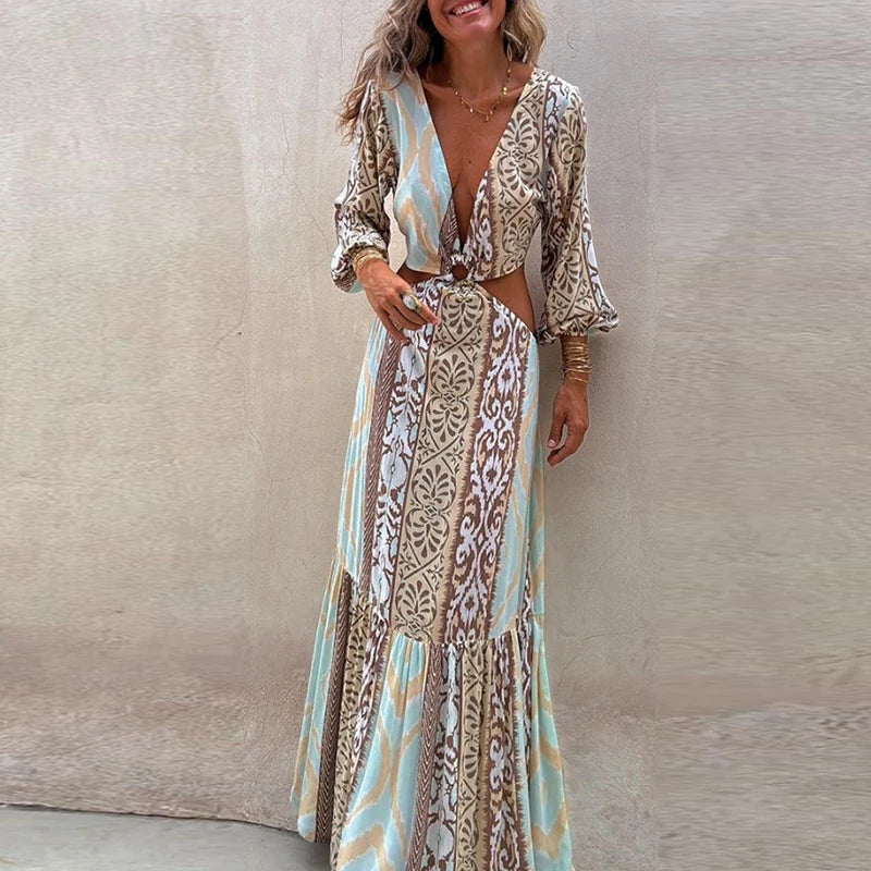 Boho Vintage V-Neck Backless Long Sleeve Dress - Image 5