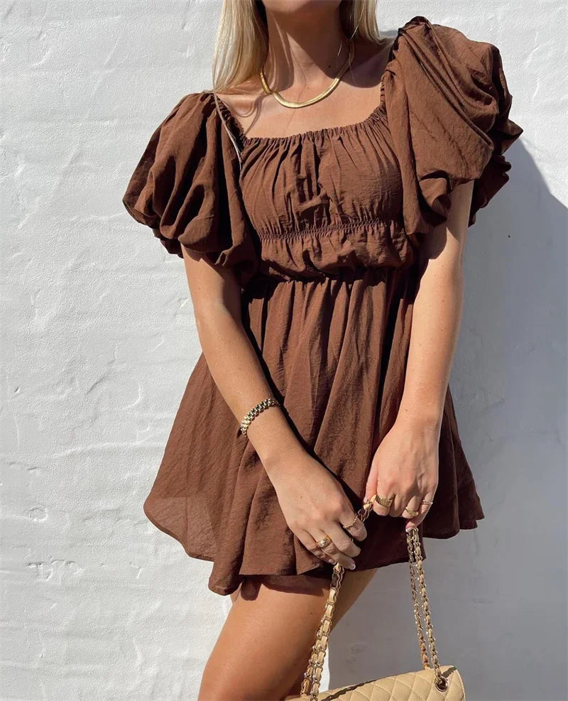 Elegant Off-Shoulder Puff Sleeve Summer Dress in Solid Colors - Image 16