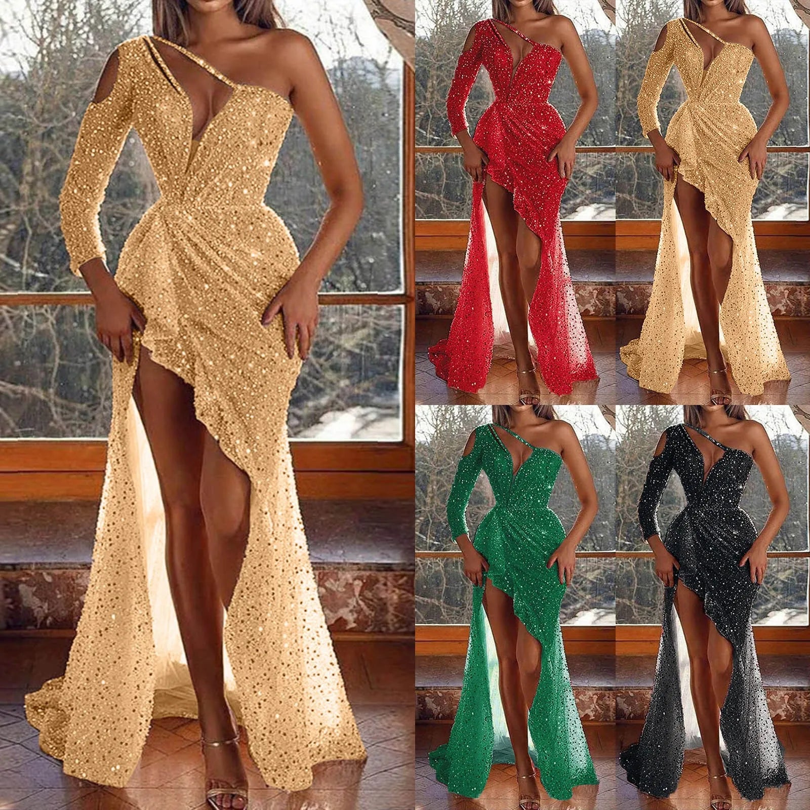 Elegant Open Back High Waist Gold Evening Dress - Image 3