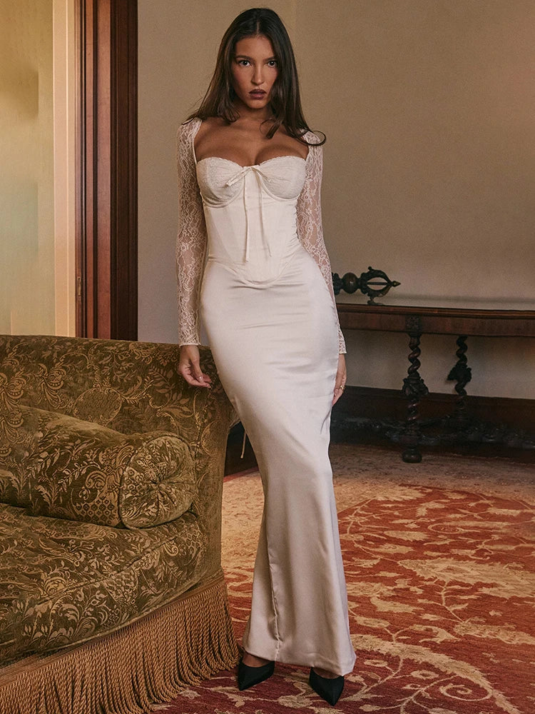 White Backless Lace Maxi Dress with Square Collar
