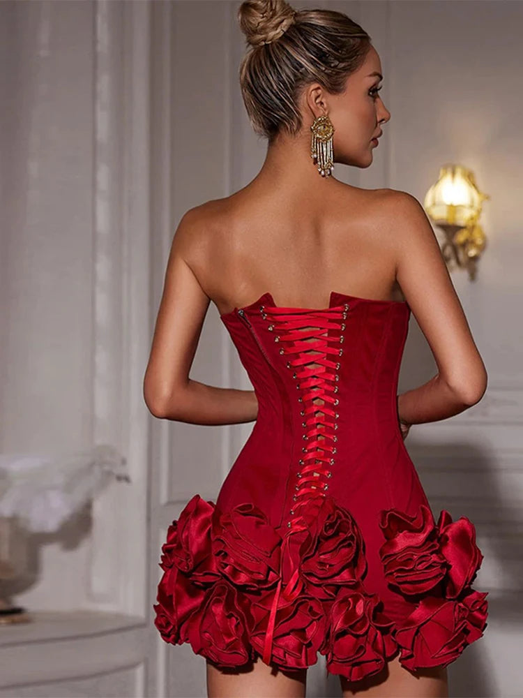 Red Sexy 3D Floral Mini Dress with Adjustable Tube Top - Image 3