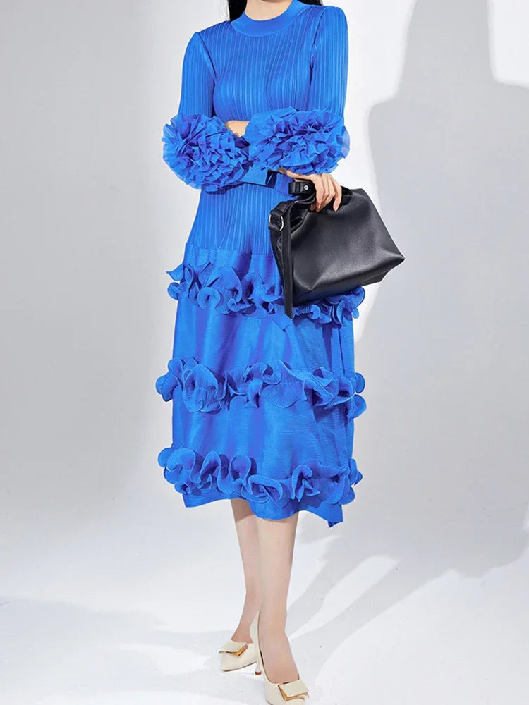 Elegant Floral Pleated Dress with Round Neck for Women - Image 10