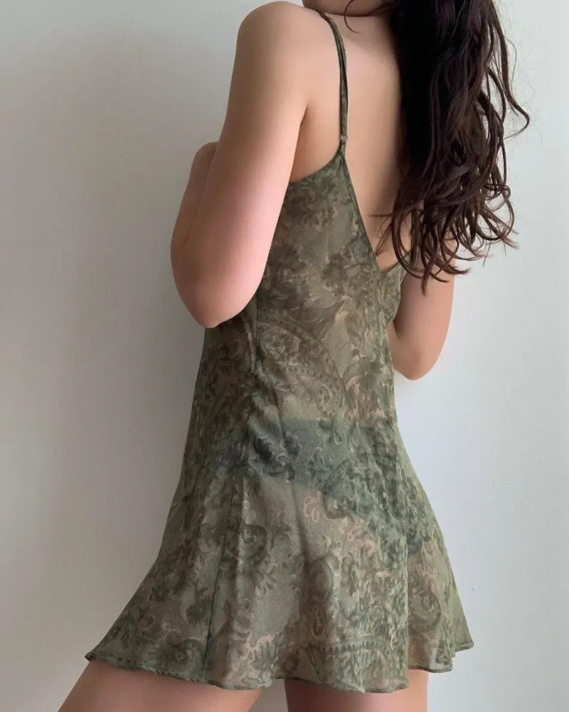 Abstract Plant Print V-Neck Sleeveless Slip Dress for Women