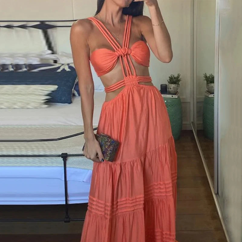 Summer Backless Hollow Out Pleated Maxi Dress for Women - Image 3