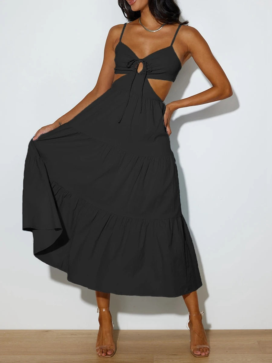 Bohemian V-Neck Cutout Midi Dress with Back Tie - Image 5