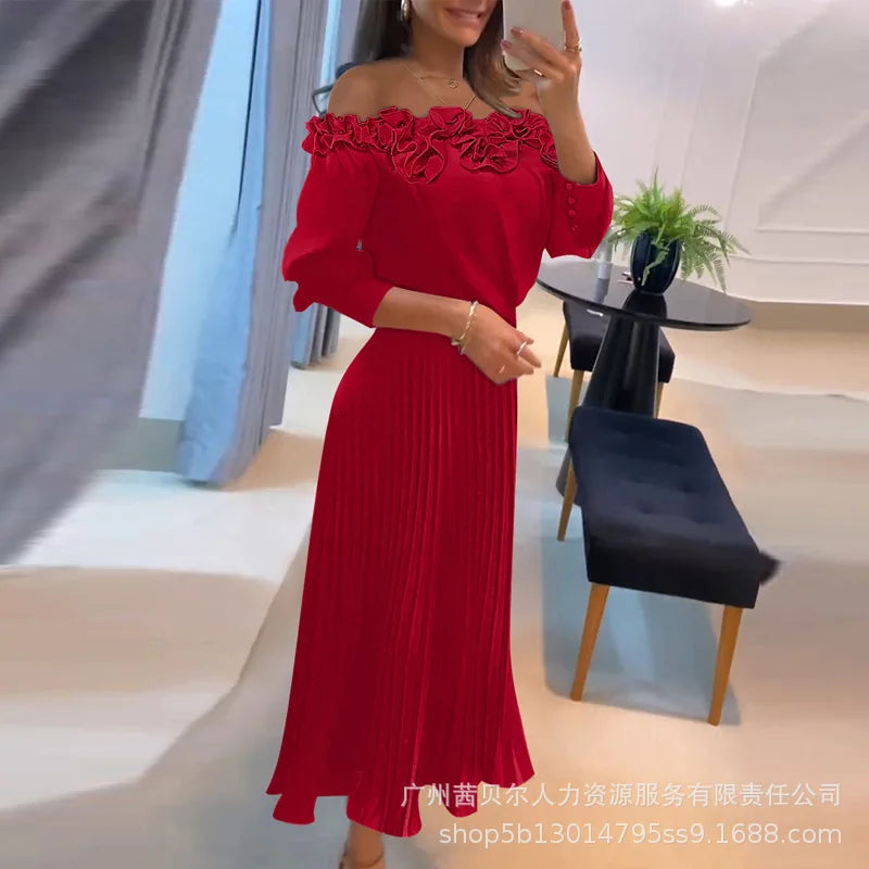 Elegant A-Line Mid-Length Pleated Dress with Lace Detail - Image 11