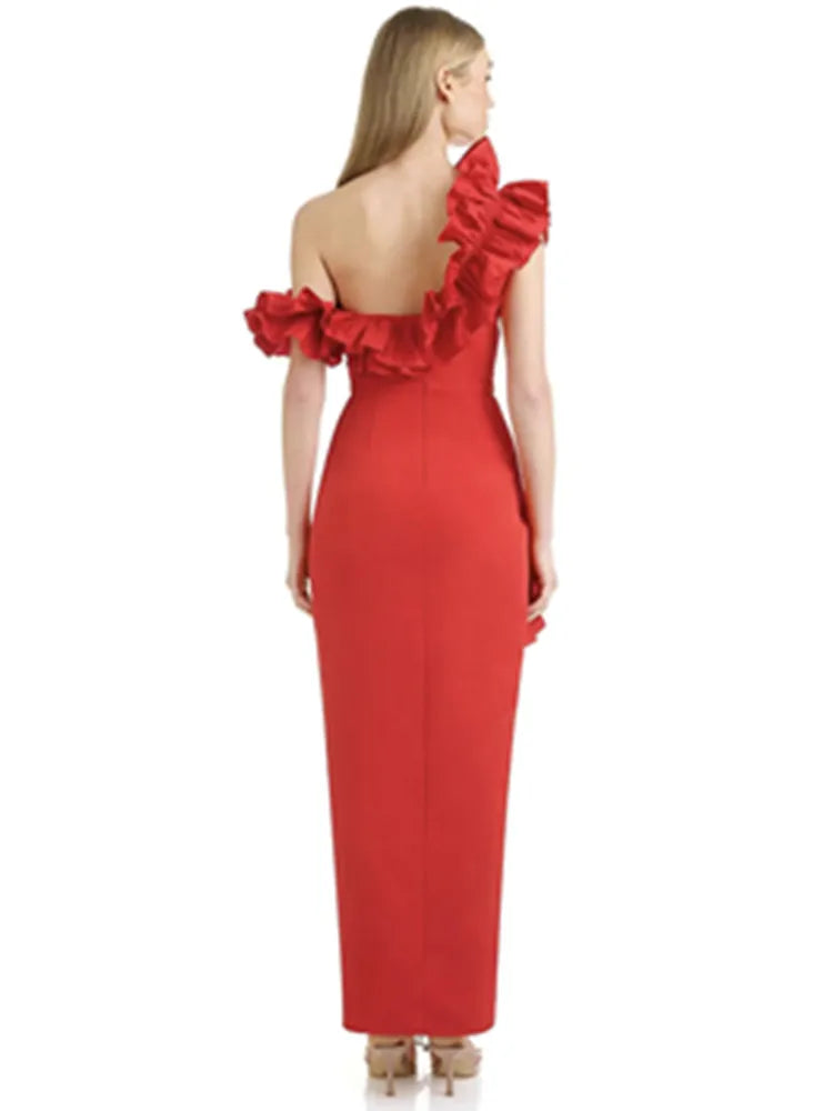 Elegant Off-Shoulder Ruffle Midi Bodycon Dress for Parties - Image 4