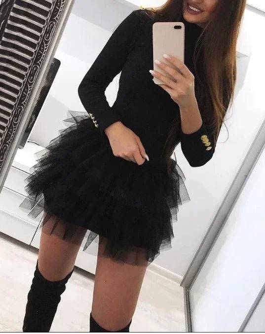 Elegant Mini Dress with Layered Ruffles and Long Sleeves - Image 2