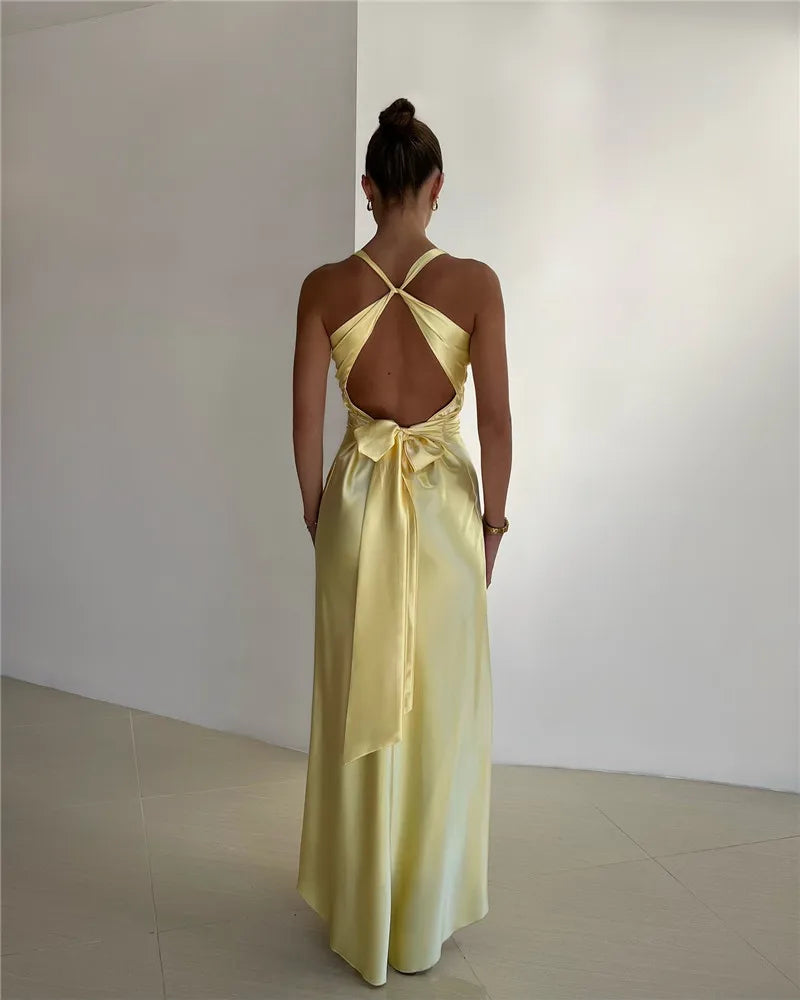 Satin Backless Maxi Dress - Elegant V Neck Evening Gown - Image 13
