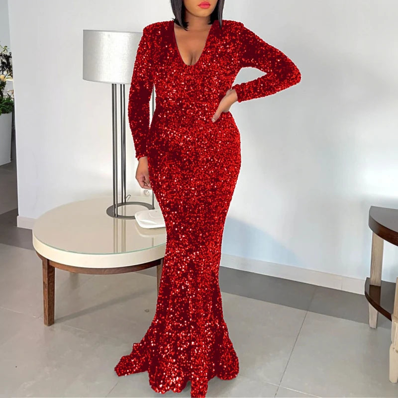 Elegant Velvet Sequins V-Neck Mermaid Evening Gown - Image 11