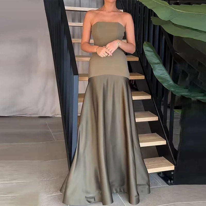 Stylish Strapless Patchwork Pleated Maxi Dress for Women - Image 9