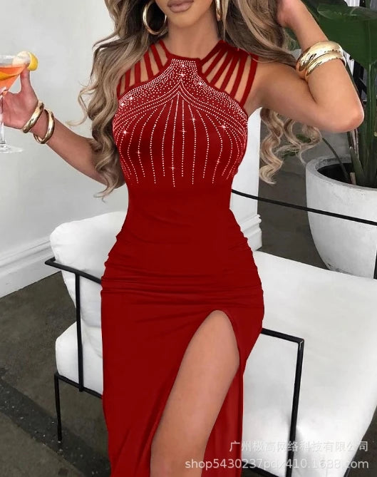 Elegant Rhinestone Multi-Strap High Slit Maxi Dress - Image 7