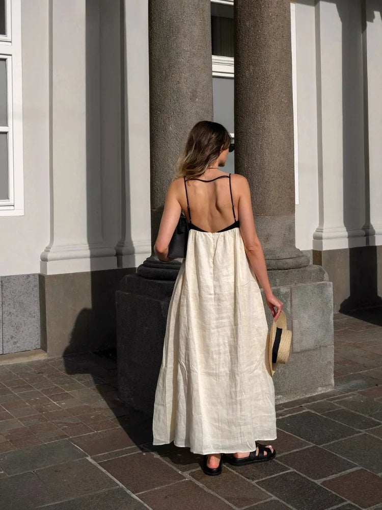 Contrasting Color Hollow Out Backless Maxi Dress for Women - Image 7