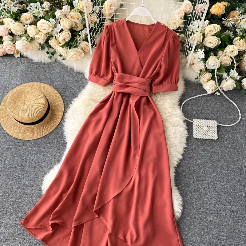 V-neck Solid Color Bubble Dress with Ruffle Edges - Image 21