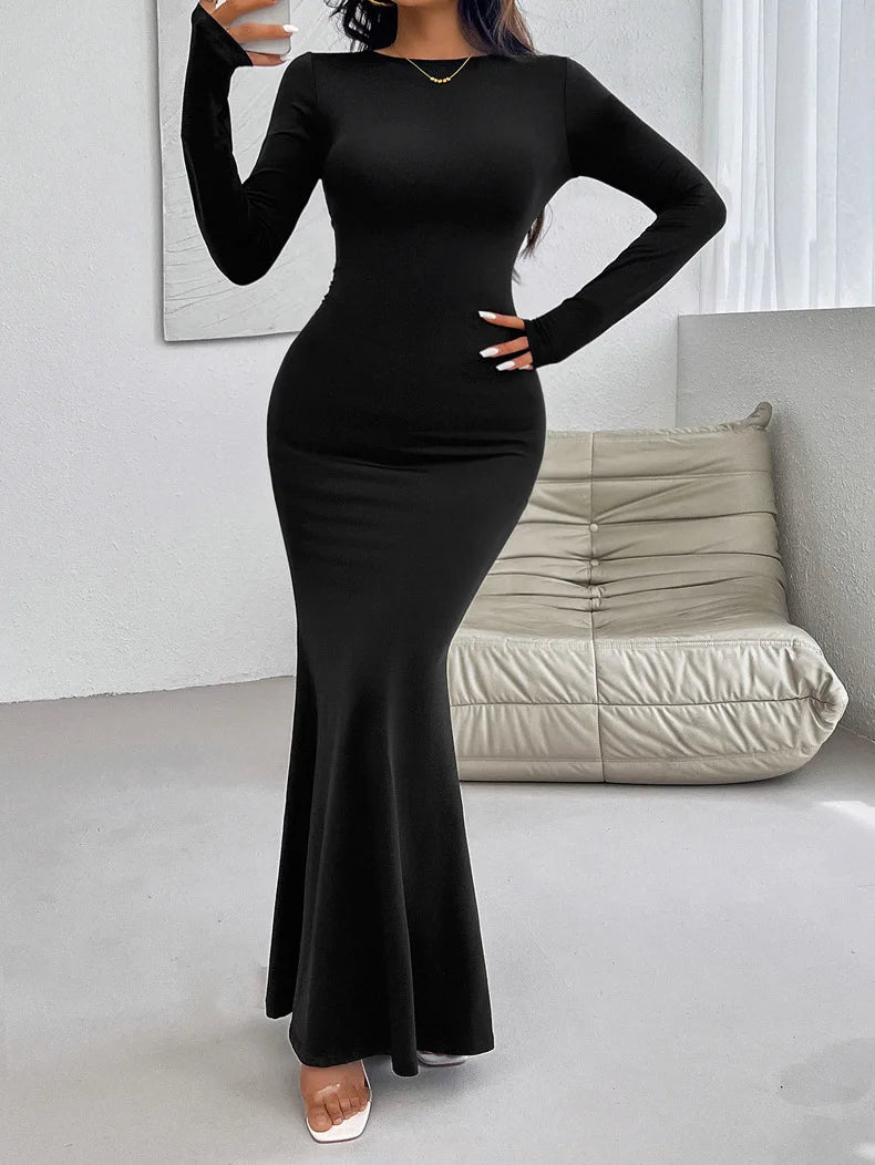 Solid Color Long Sleeve O-neck Women's Bodycon Dress - Image 28